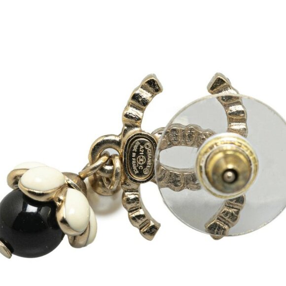 CHANEL CC Logos Rhinestone Pearl Black Flower Stud Earrings Gold Tone A21C Auth - Picture 3 of 4